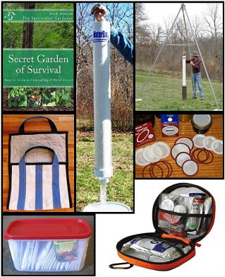 Secret Garden of Survival book, WaterBoy Well Bucket, Well WaterBoy Products Tripod Kit, Jeans OVERhauled Super Tuff Firewood Carrier, 6 boxes Tattler Canning Lids, White Harvest Seed Company Survival Seed Pack, eGear Camping Survival Kit