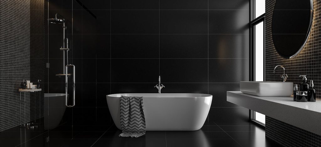 Modern Luxury Black Bathroom 3d Render,the Room Has Black Tile F