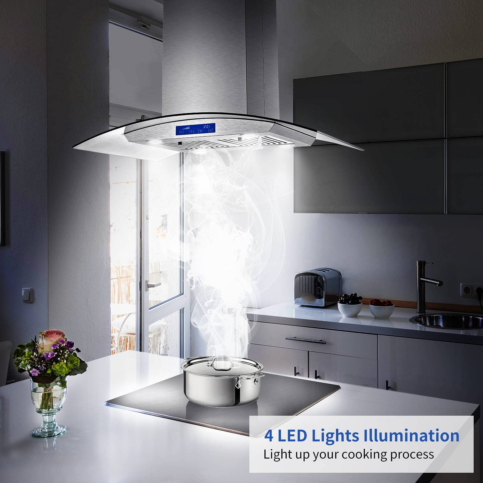 thumbnail image 2 of 36" Stainless Steel LED Island Mount Range Hood – 700CFM, Glass, Touch Controls – Made In USA 2 of 4